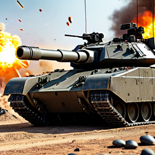 Home 15 ** A powerful tank, heavily armored and firing its main gun, with glowing enhancement stones visibly embedded in its chassis. The background shows a futuristic battlefield with explosions and other units engaged in combat. Focus on conveying strength and technological advancement.
**