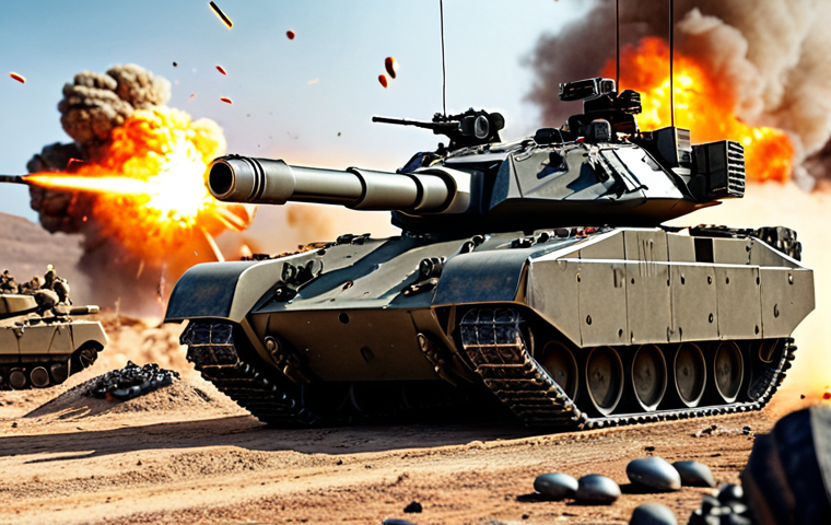 ** A powerful tank, heavily armored and firing its main gun, with glowing enhancement stones visibly embedded in its chassis. The background shows a futuristic battlefield with explosions and other units engaged in combat. Focus on conveying strength and technological advancement.
**