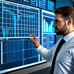 A focused male strategic planner in a professional business suit, standing in a sleek, high-tech command center. He is looking at a holographic display projecting intricate data visualizations, resource allocation charts, and advanced research trees. The environment is modern and minimalist. perfect anatomy, correct proportions, natural pose, well-formed hands, proper finger count, natural body proportions, fully clothed, modest clothing, appropriate attire, professional dress, safe for work, appropriate content, professional photography, high quality.